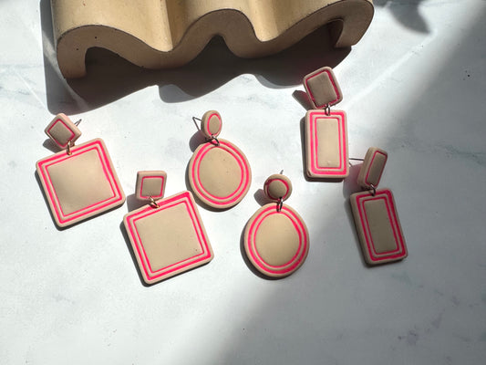 Neon Pink Geo Outline Clay Earrings