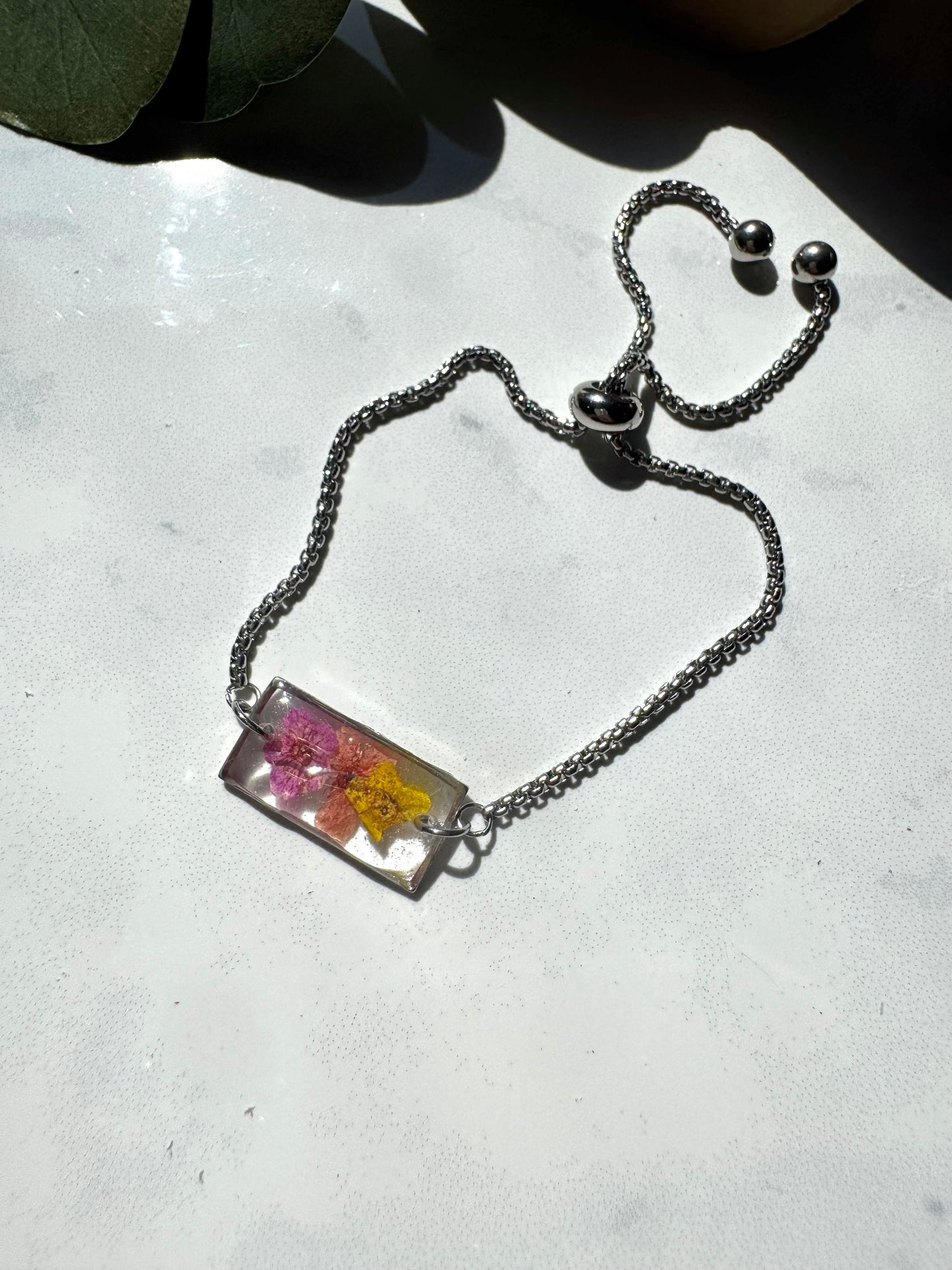 Pink and Yellow Flower Silver Rectangle Bracelet