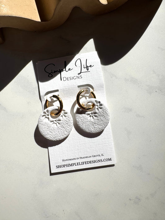 White Boho Flower Gold Hoops