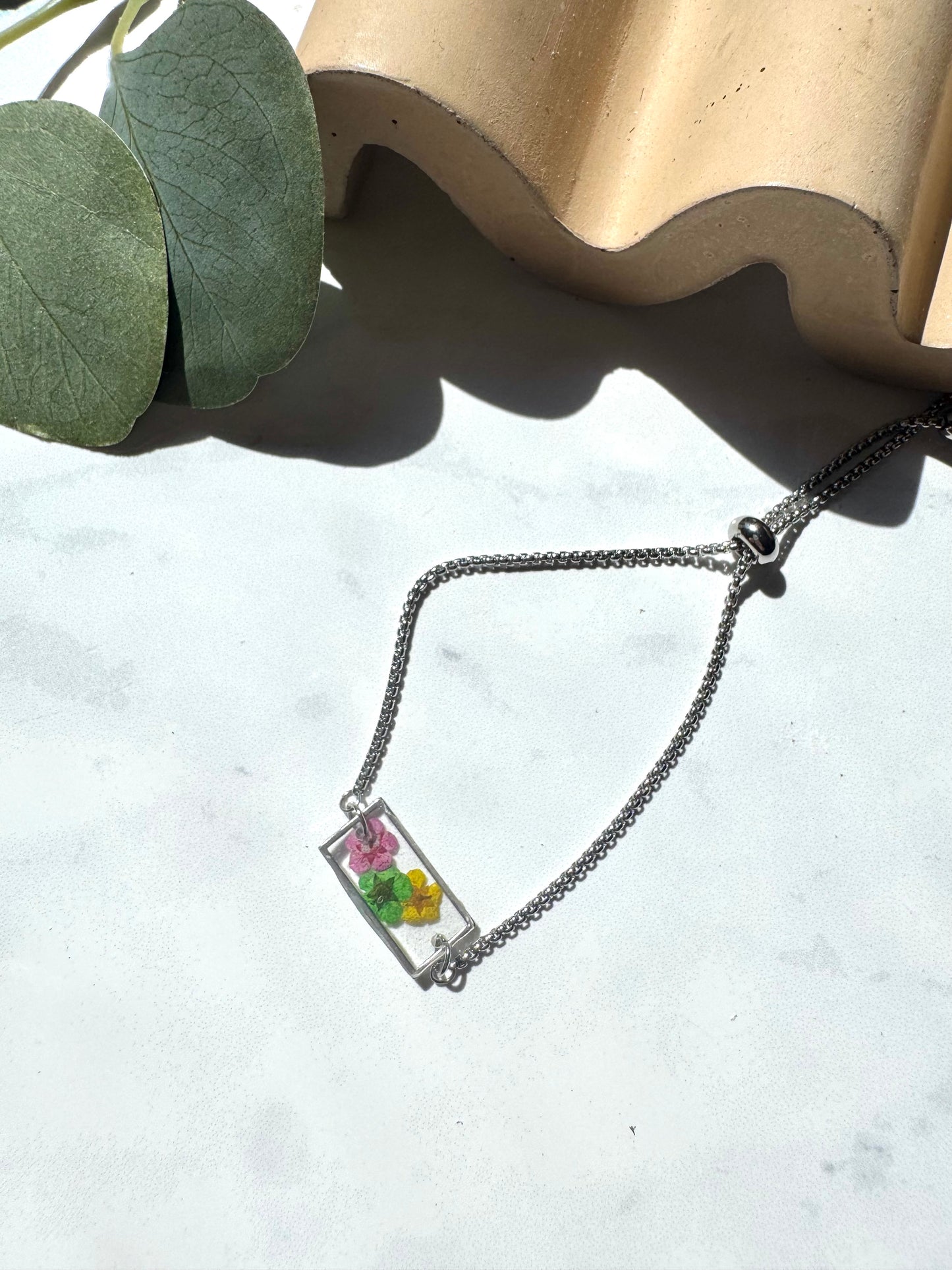 Pink Multi Flower Silver Rectangle Bracelet