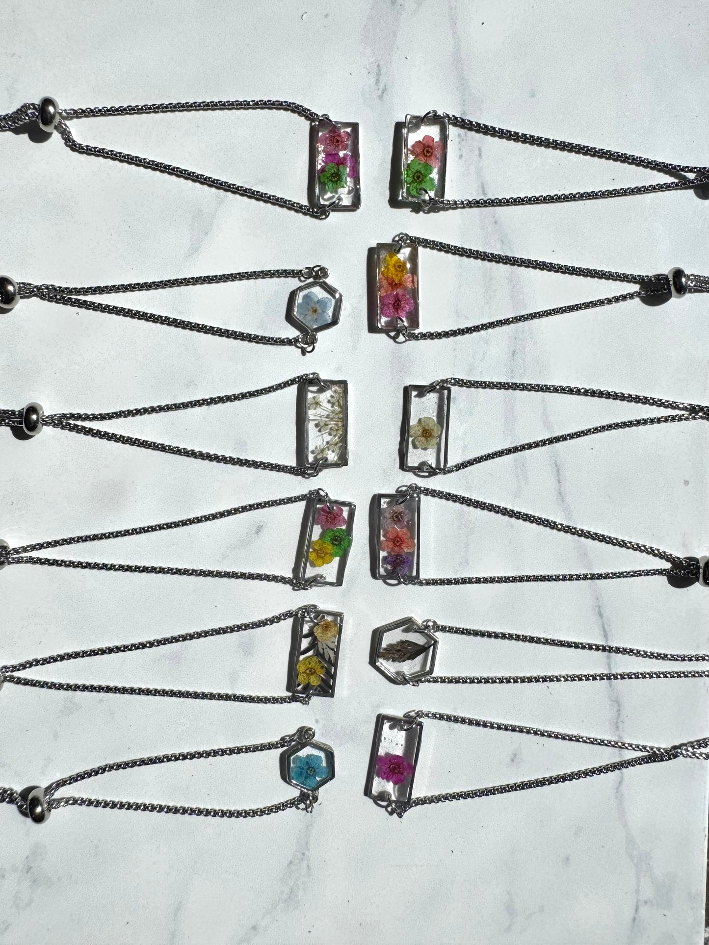Pink Flower Silver Rectangle Bracelet