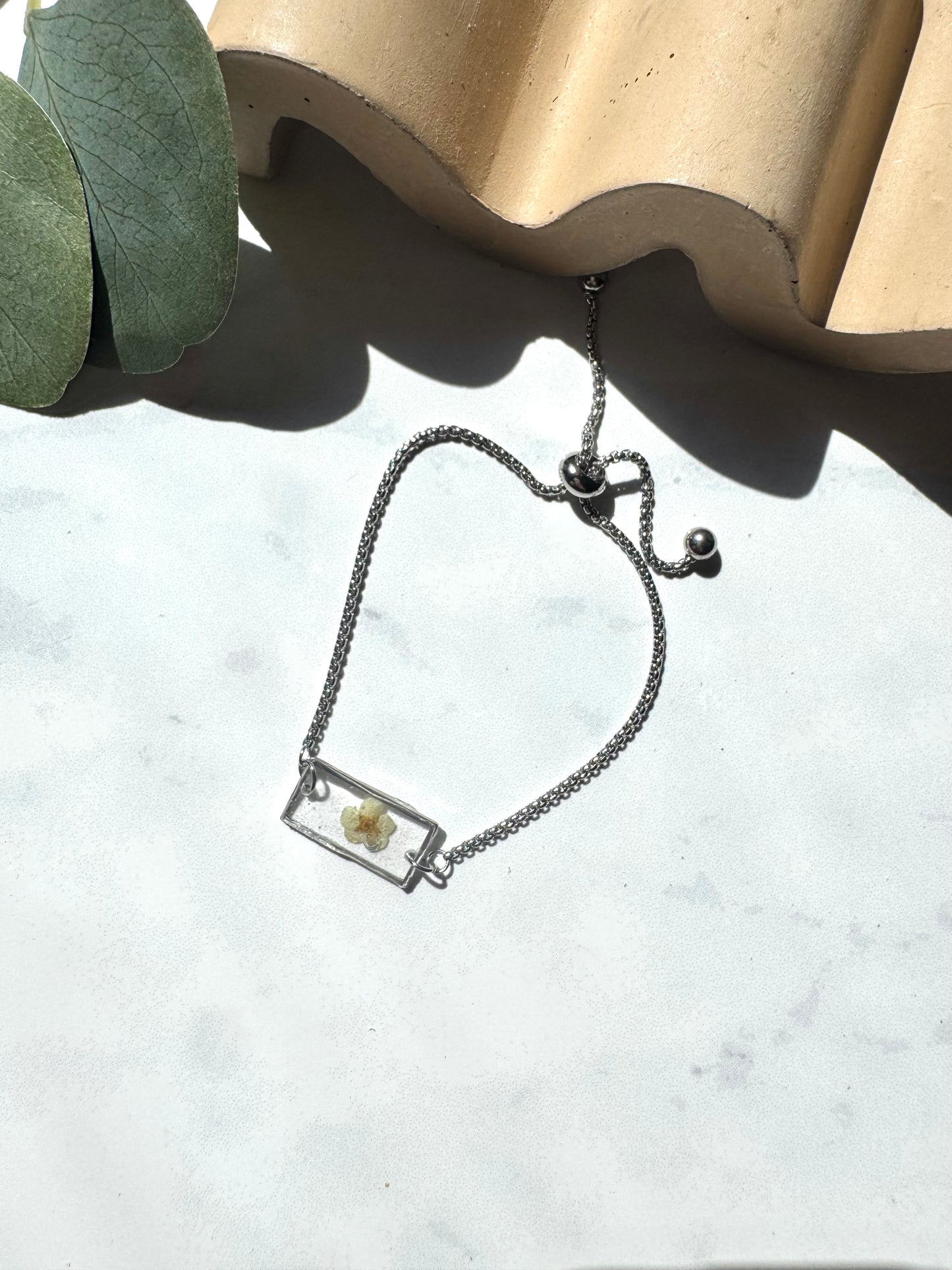 White Flower Silver Rectangle Bracelet