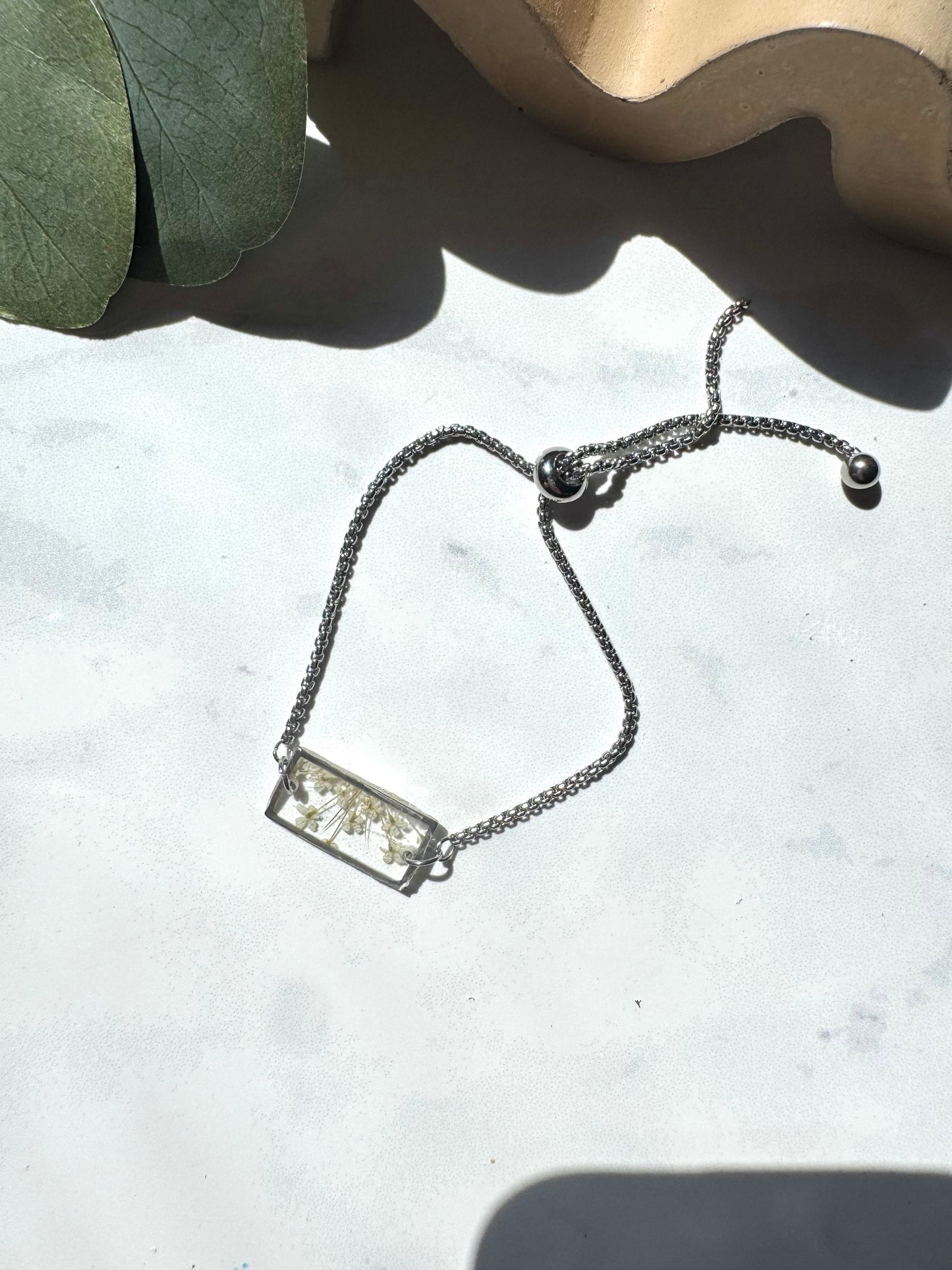 White Lace Flower Silver Rectangle Bracelet