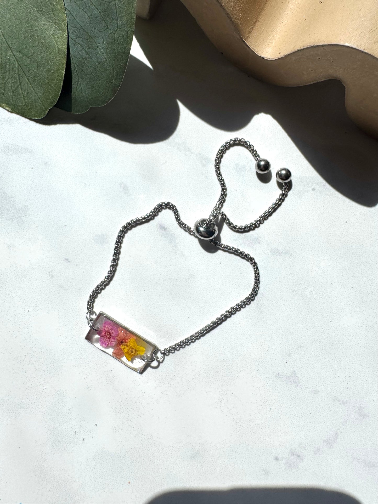 Pink and Yellow Flower Silver Rectangle Bracelet