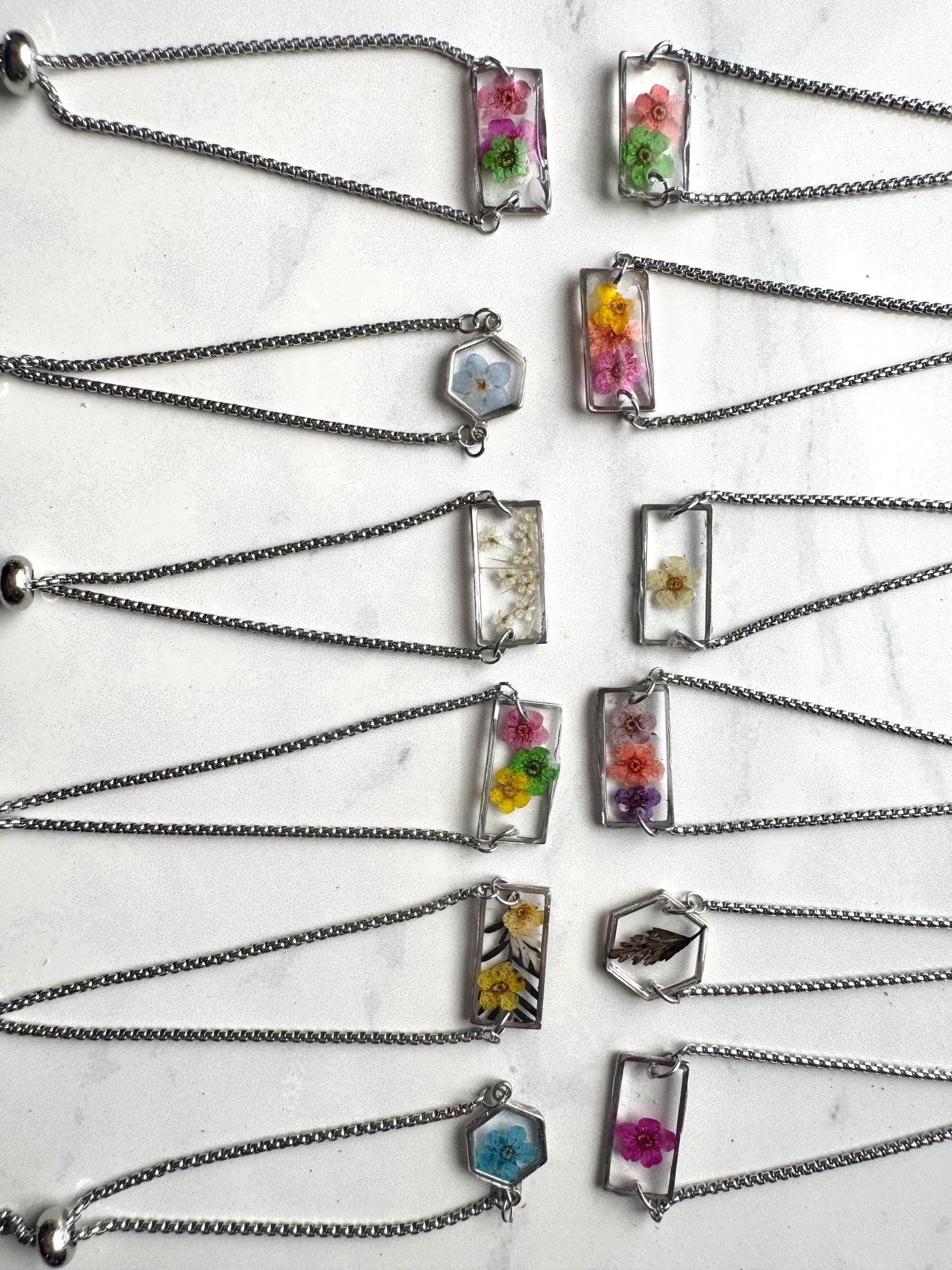 Pink and Yellow Flower Silver Rectangle Bracelet