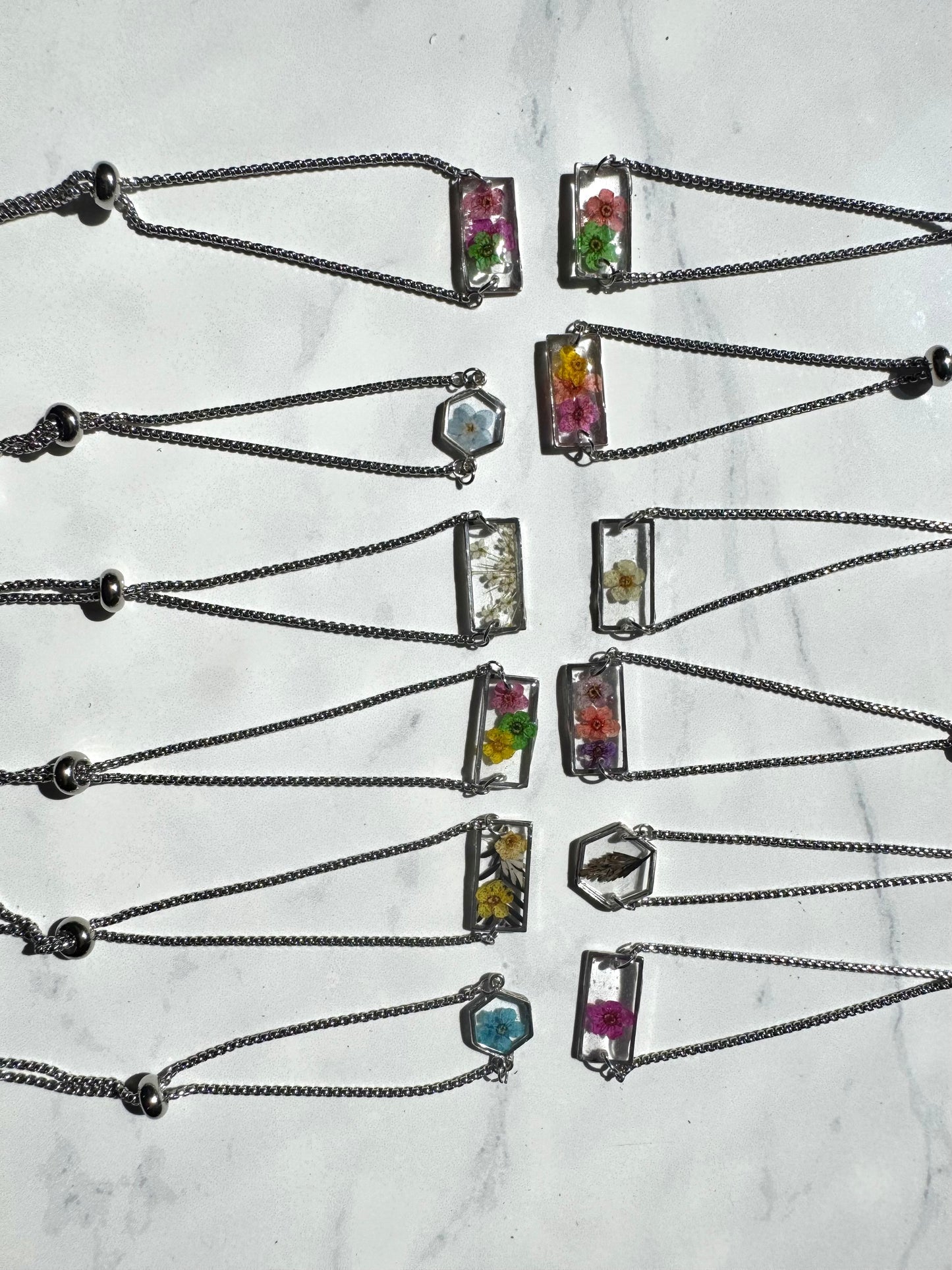 Pink and Yellow Flower Silver Rectangle Bracelet