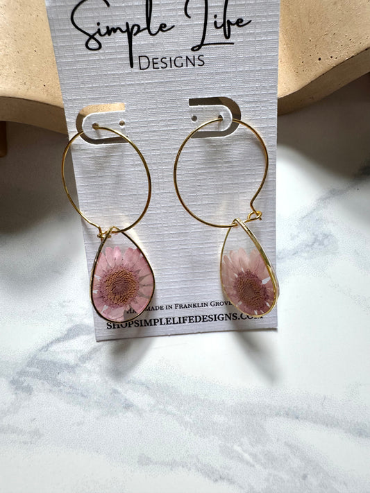 Pink Flower Hoop Dangles