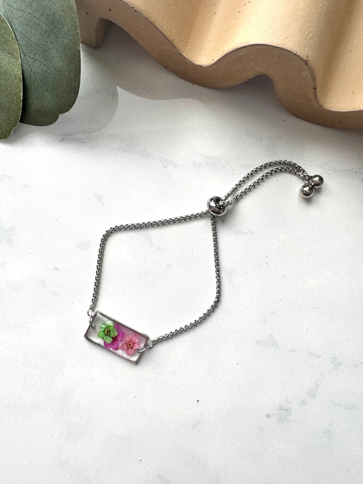 Green and Pink Flower Gold Rectangle Bracelet