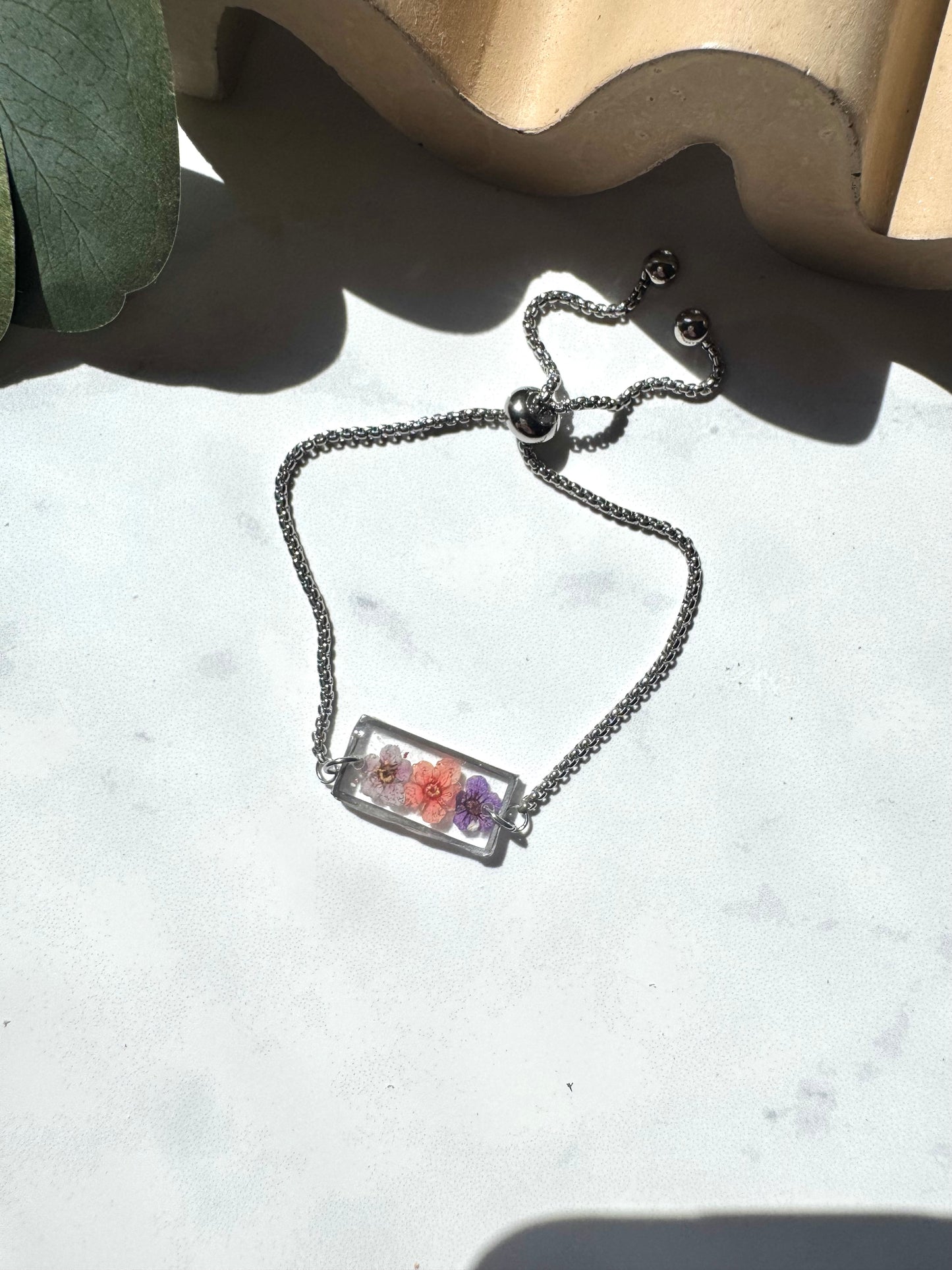 Purple and Orange Flower Silver Rectangle Bracelet