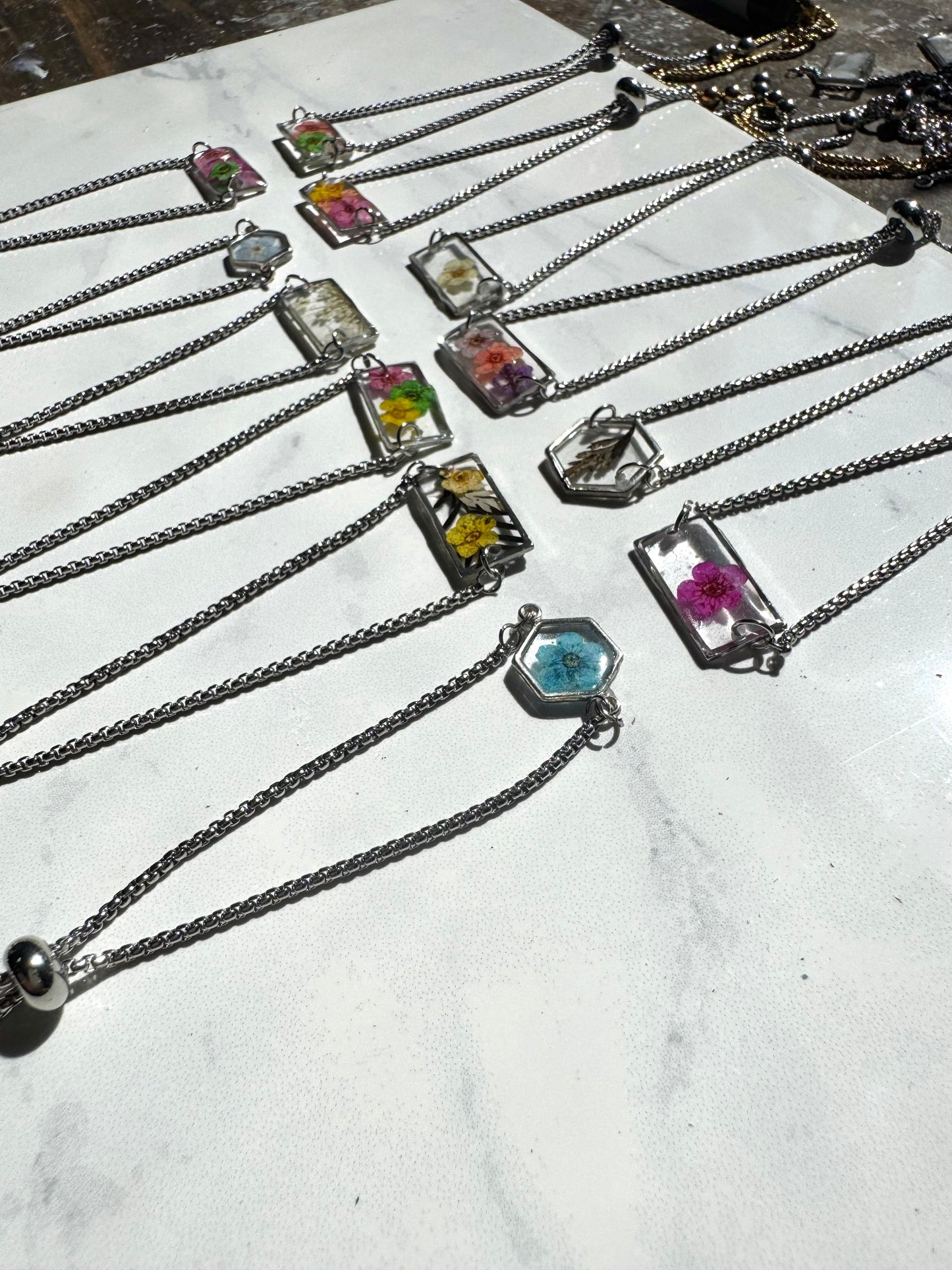 Purple and Orange Flower Silver Rectangle Bracelet