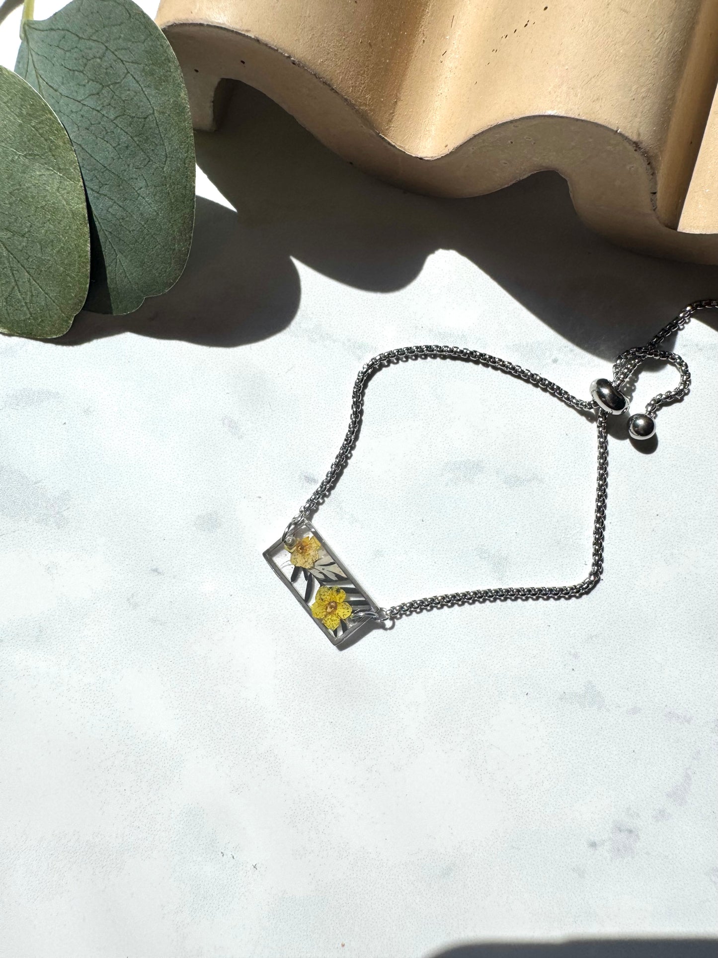 Yellow and Black Flower Silver Rectangle Bracelet