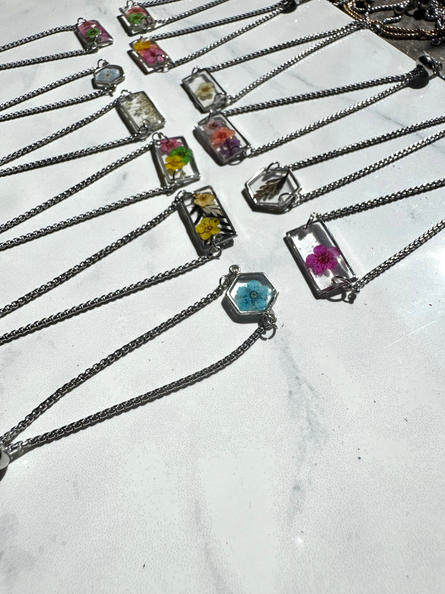 Pink and Yellow Flower Silver Rectangle Bracelet