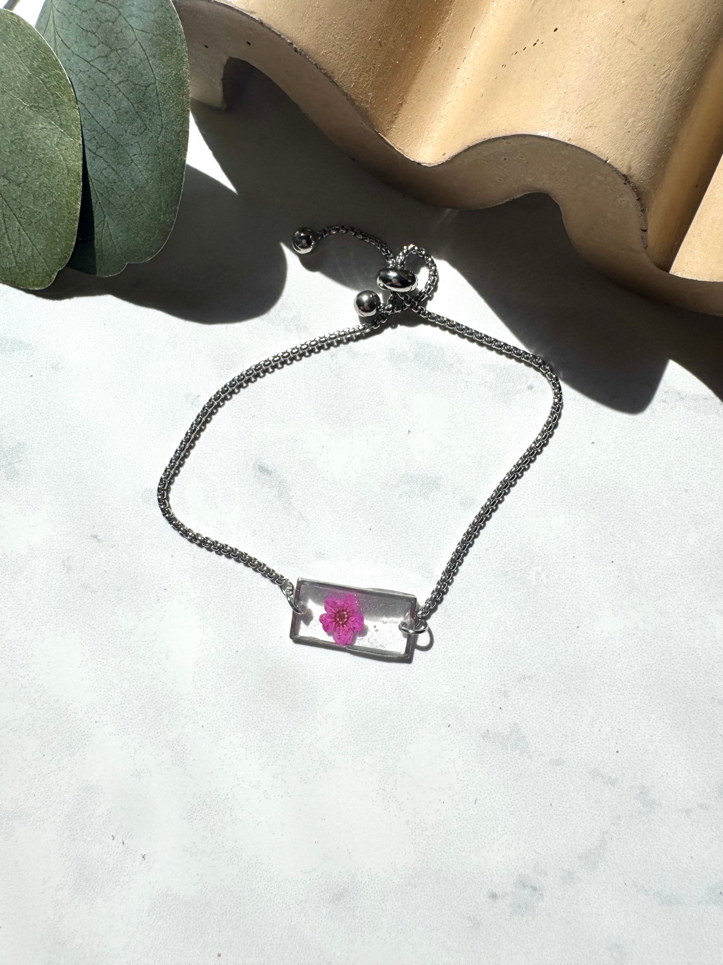 Pink Flower Silver Rectangle Bracelet