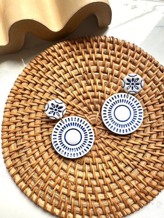 Boho Circle Dangles- Blue & White