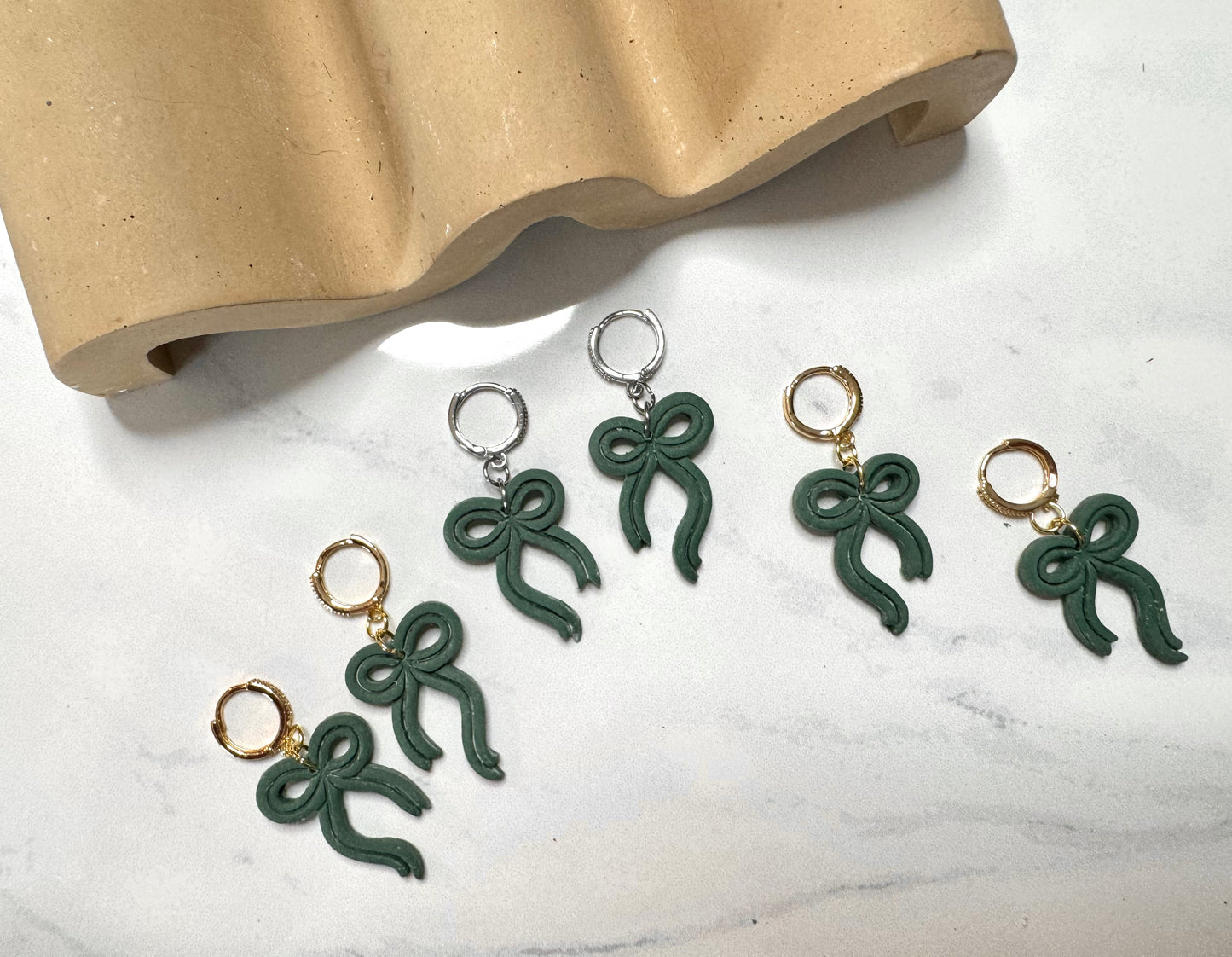 Bow Huggie Hoops- Forest Green