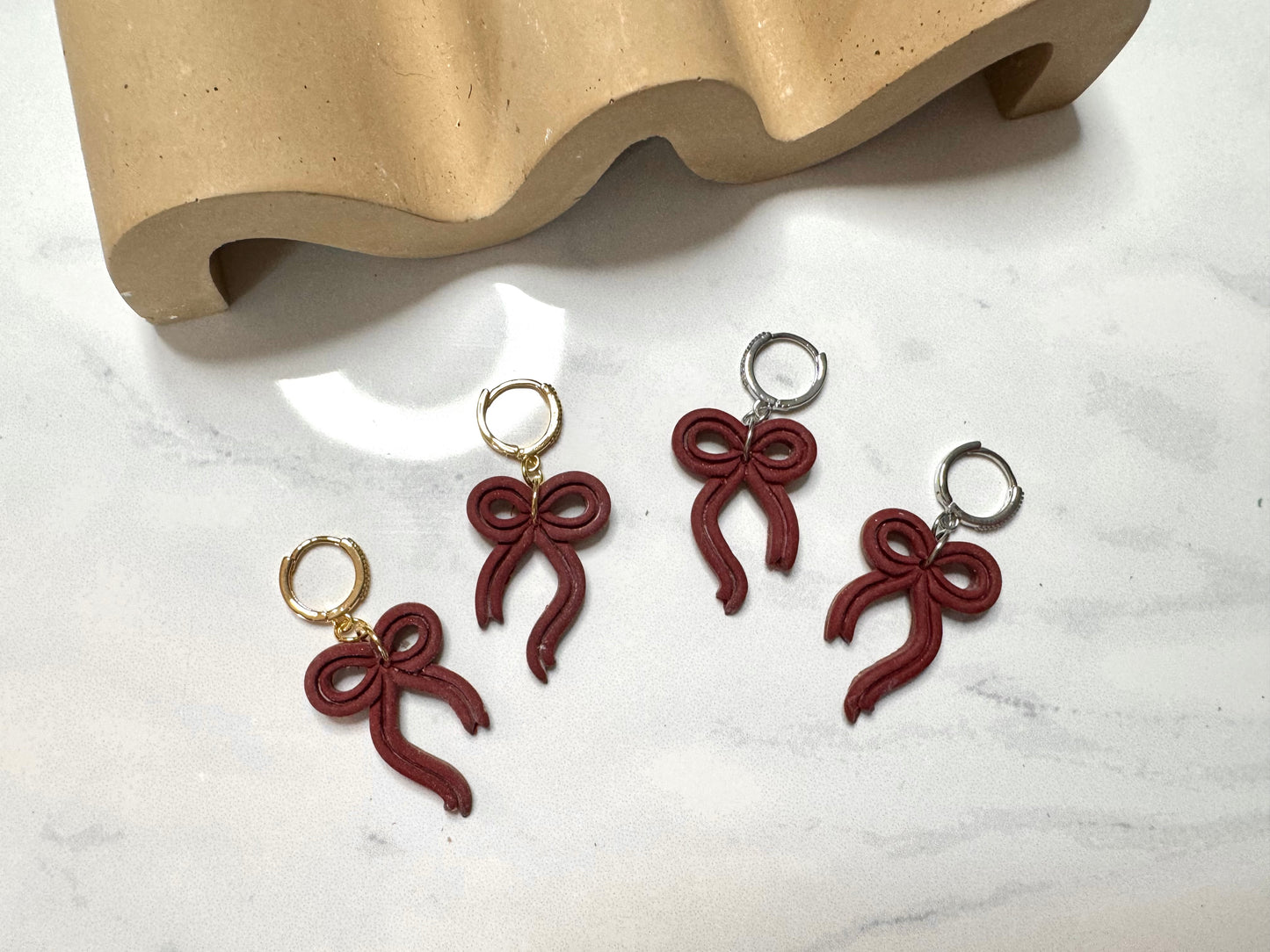 Bow Huggie Hoops- Maroon