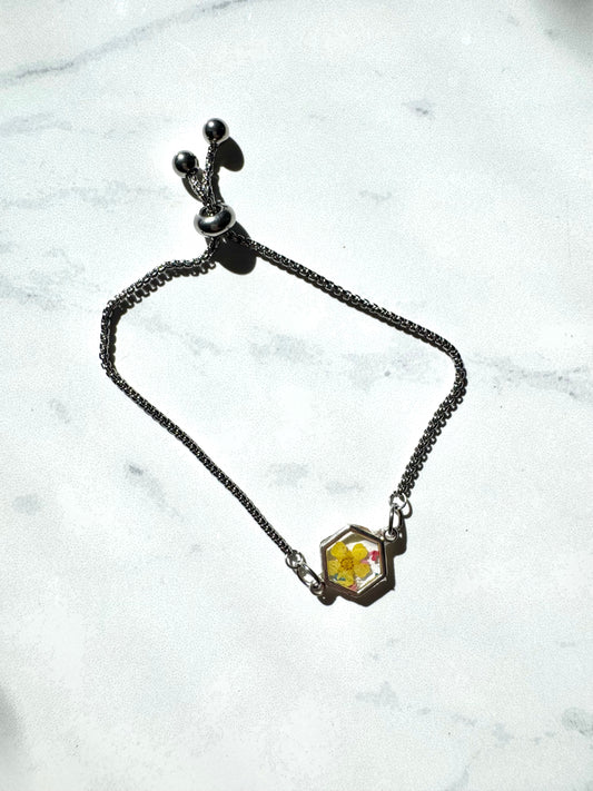 Yellow Flowers Silver Hexagon Bracelet