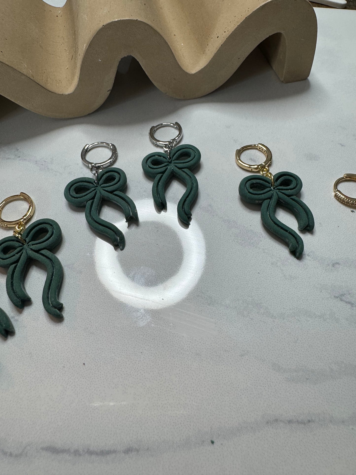 Bow Huggie Hoops- Forest Green