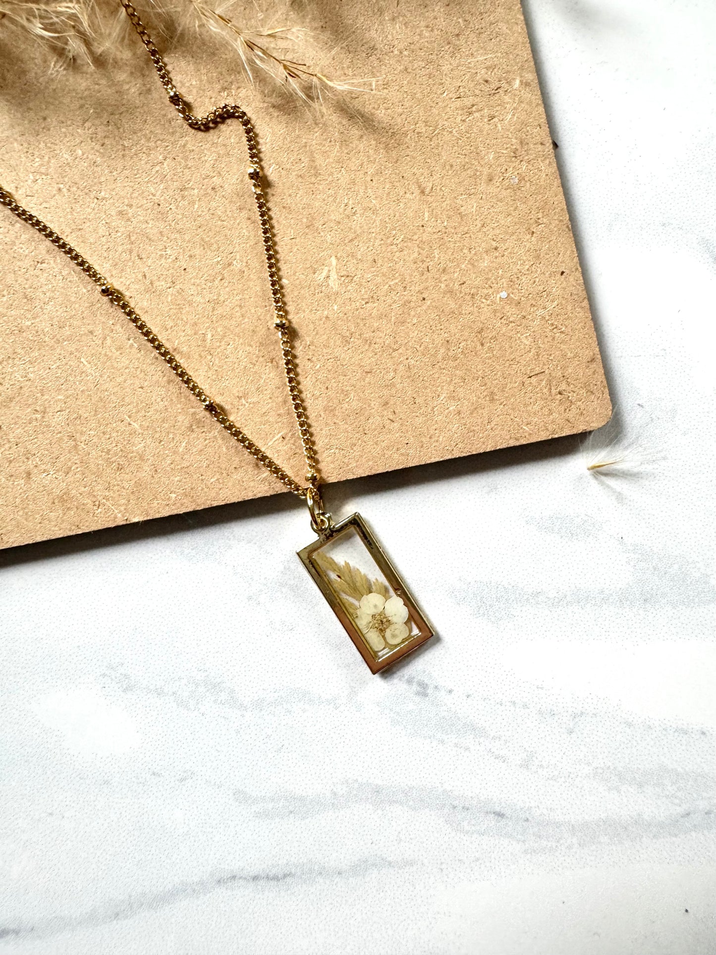 White Flower Rectangle Necklace