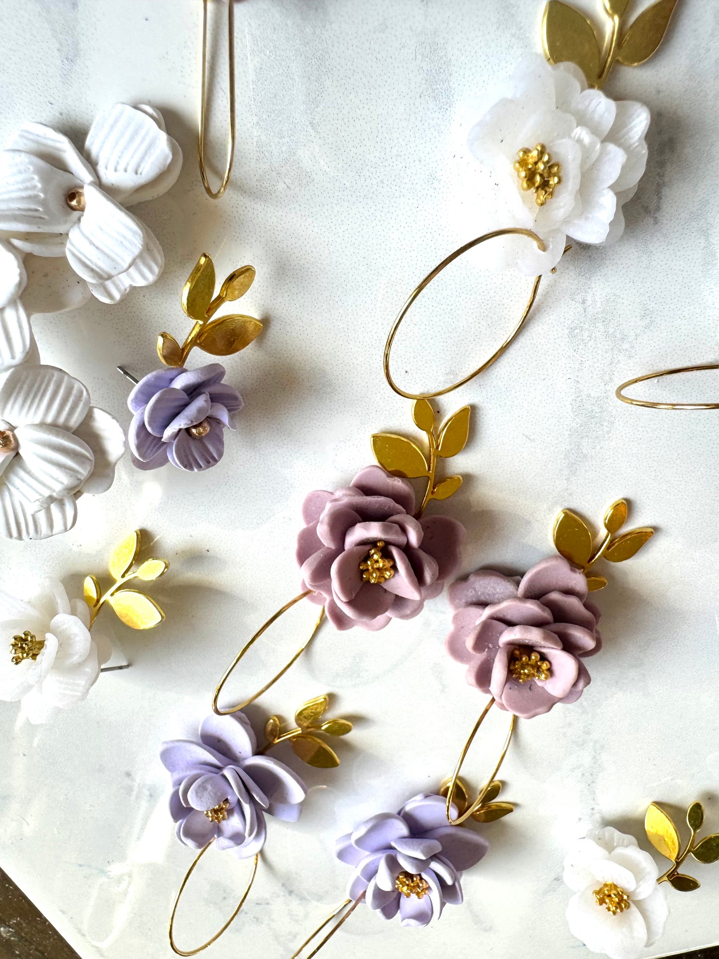 Lavender Flower and Gold Leaf Hoops