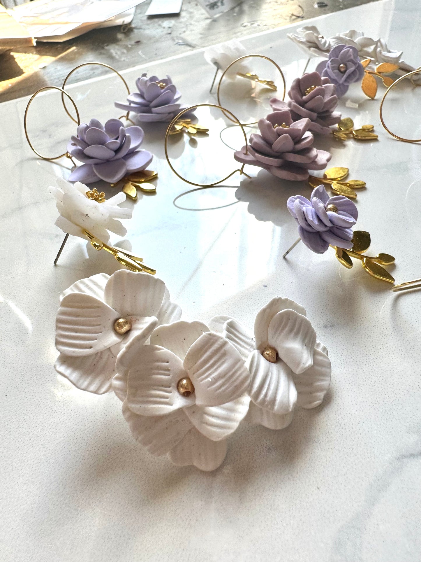 Lavender Flower and Gold Leaf Hoops