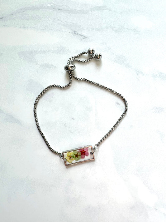 Three Flowers Rectangle Silver  Bracelet