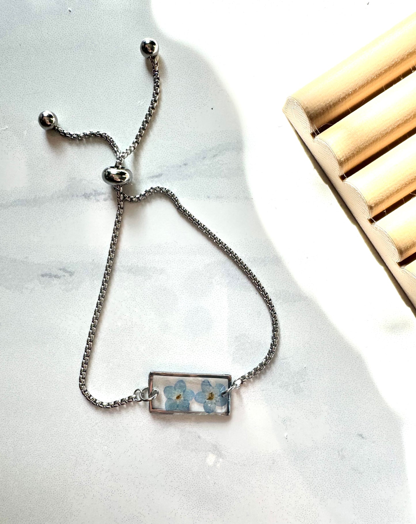 Forget Me Not Flower Silver Rectangle Bracelet