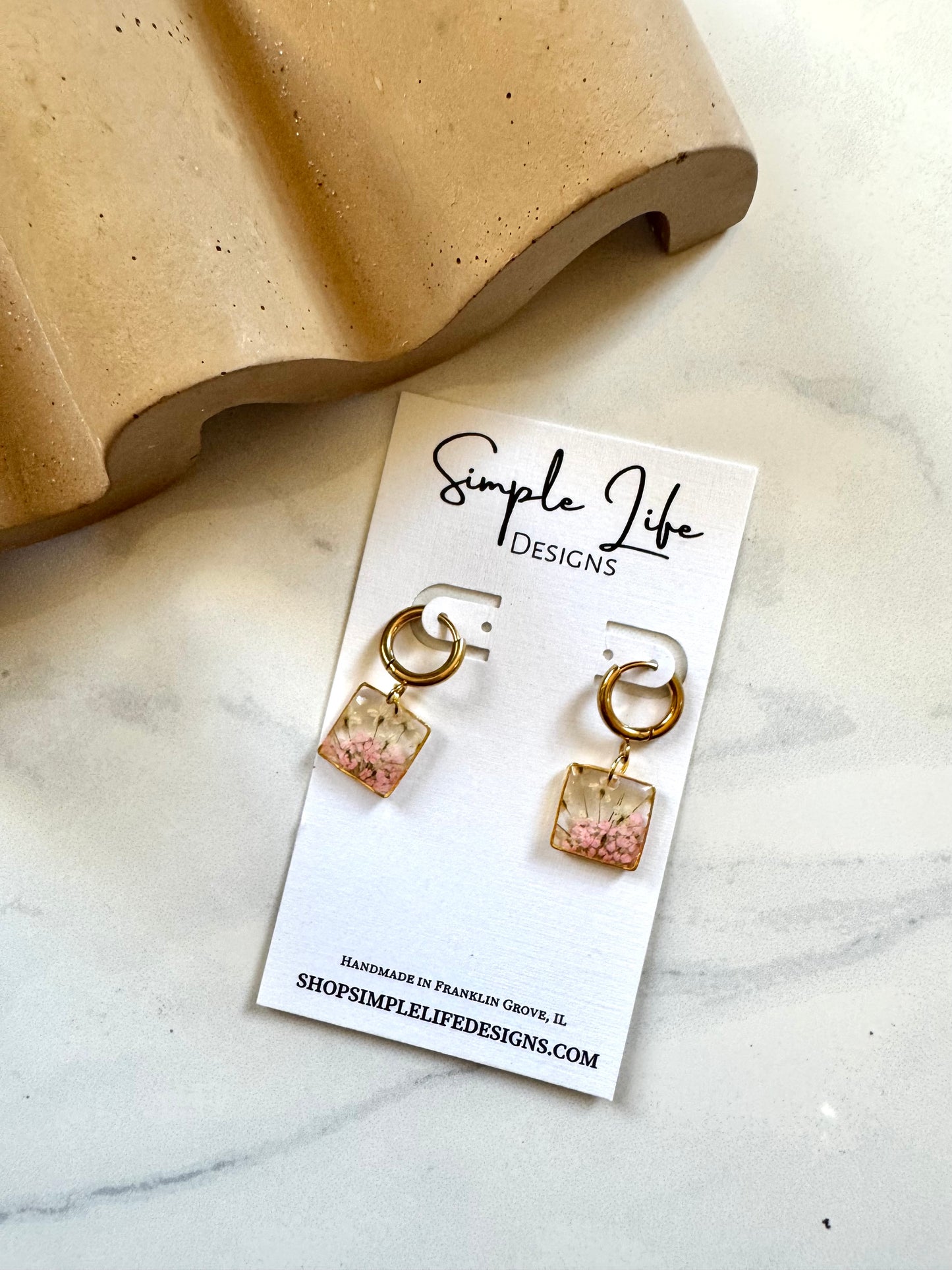 Pink Floral Gold Square Dangles