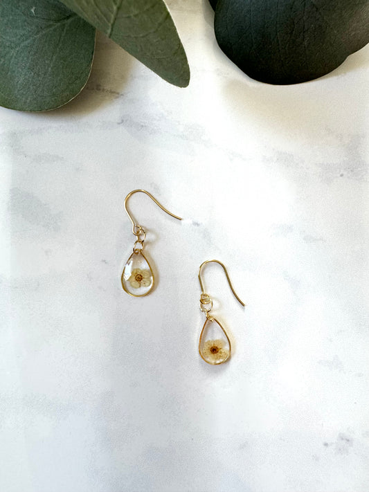 White Flower Teardrop Gold Dangles