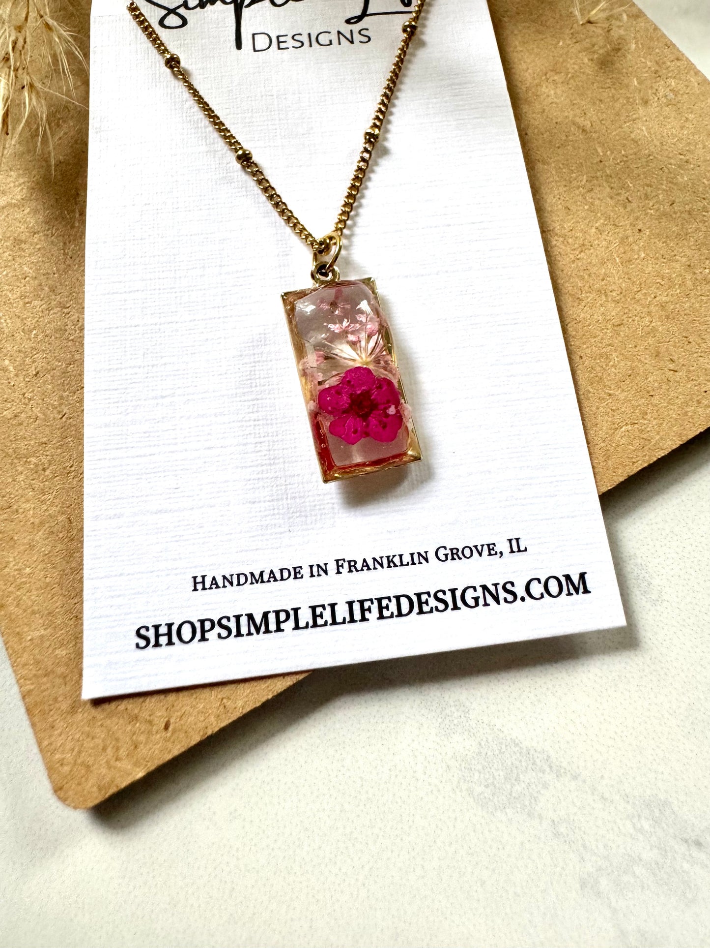 Pink Flower Rectangle Necklace