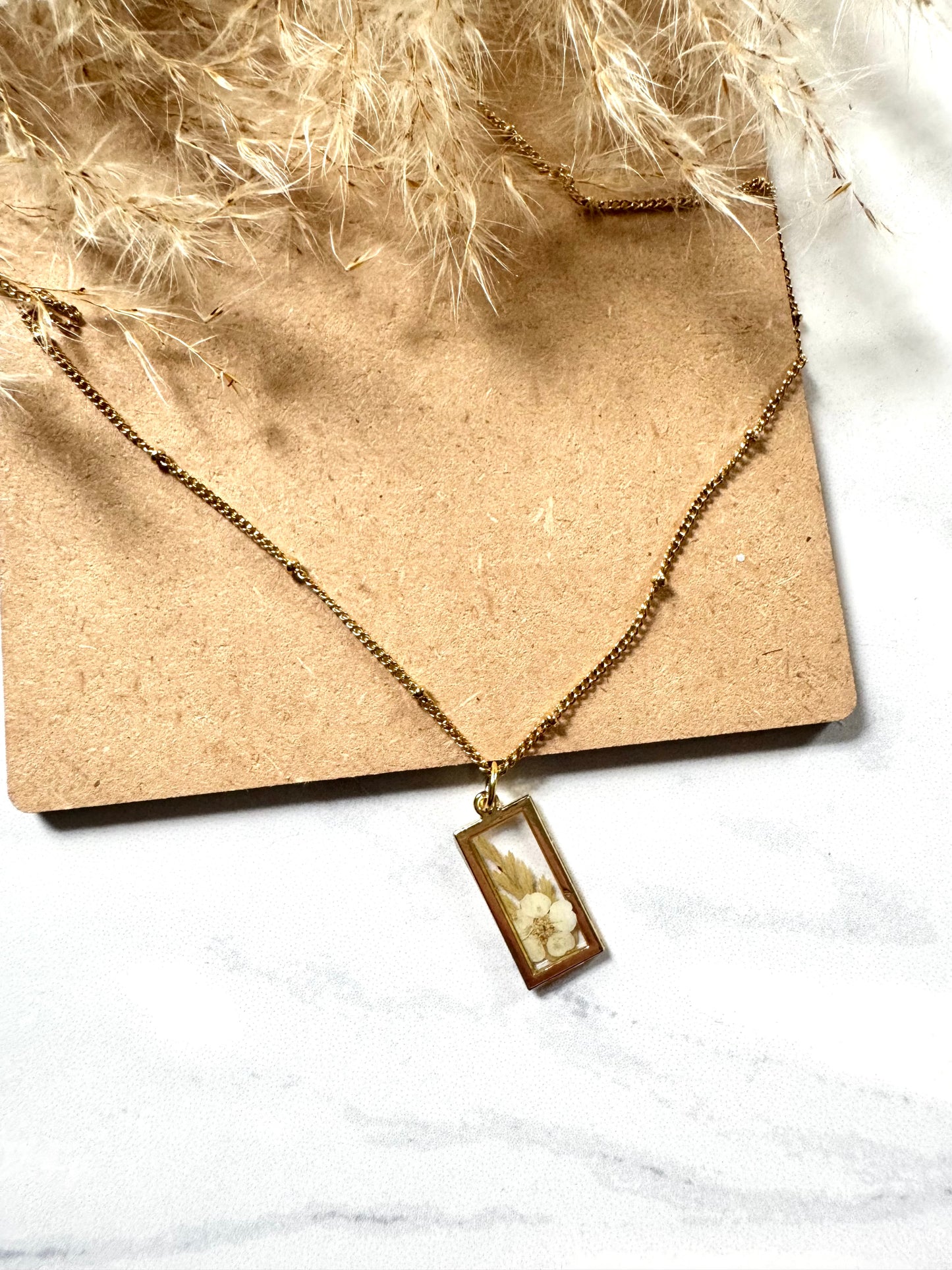 White Flower Rectangle Necklace