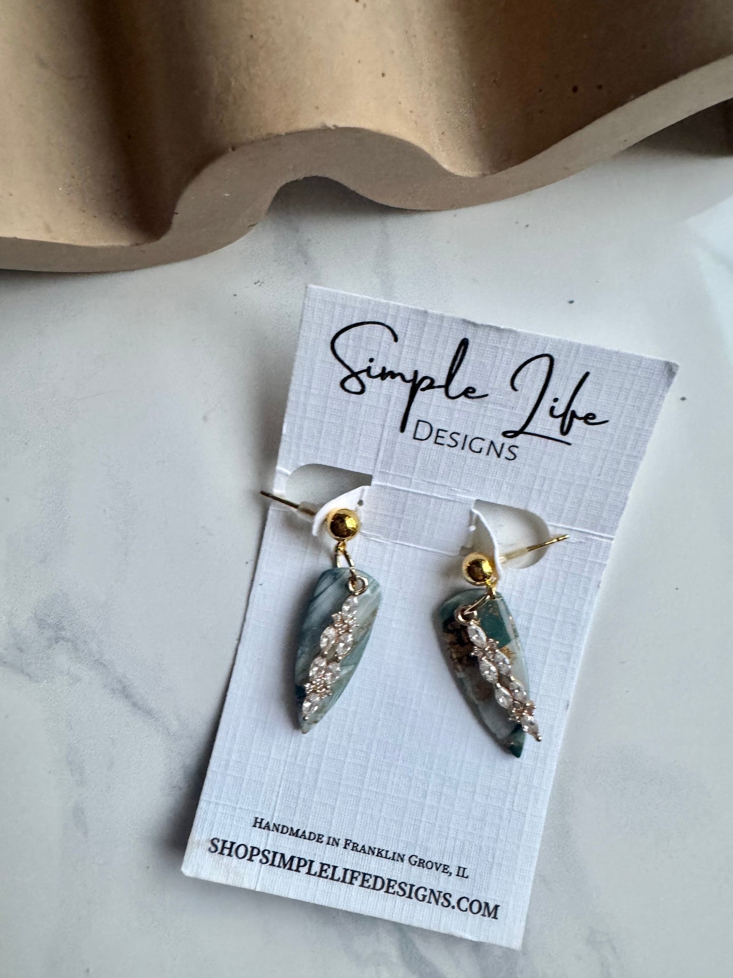 Simple Elegance Emerald and Gold Marble Almond Dangles