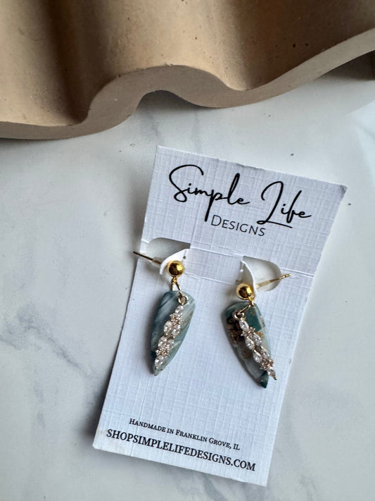 Simple Elegance Emerald and Gold Marble Almond Dangles