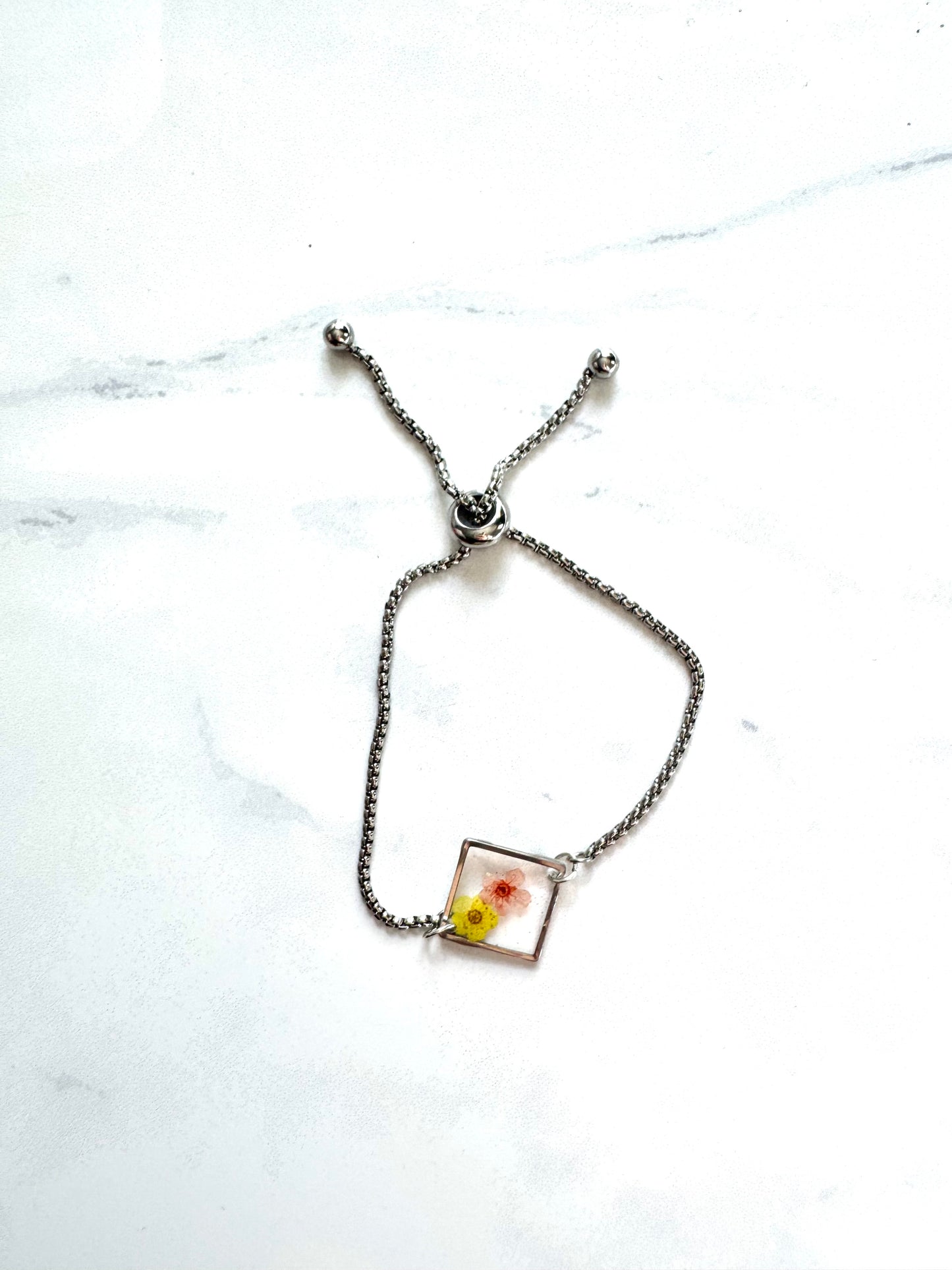 Orange and Yellow Flower Silver Square Bracelet