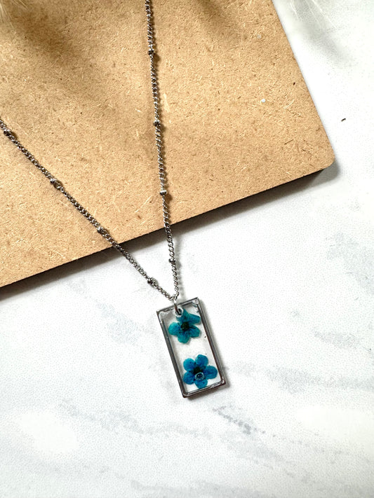 Blue Flower Rectangle Necklace