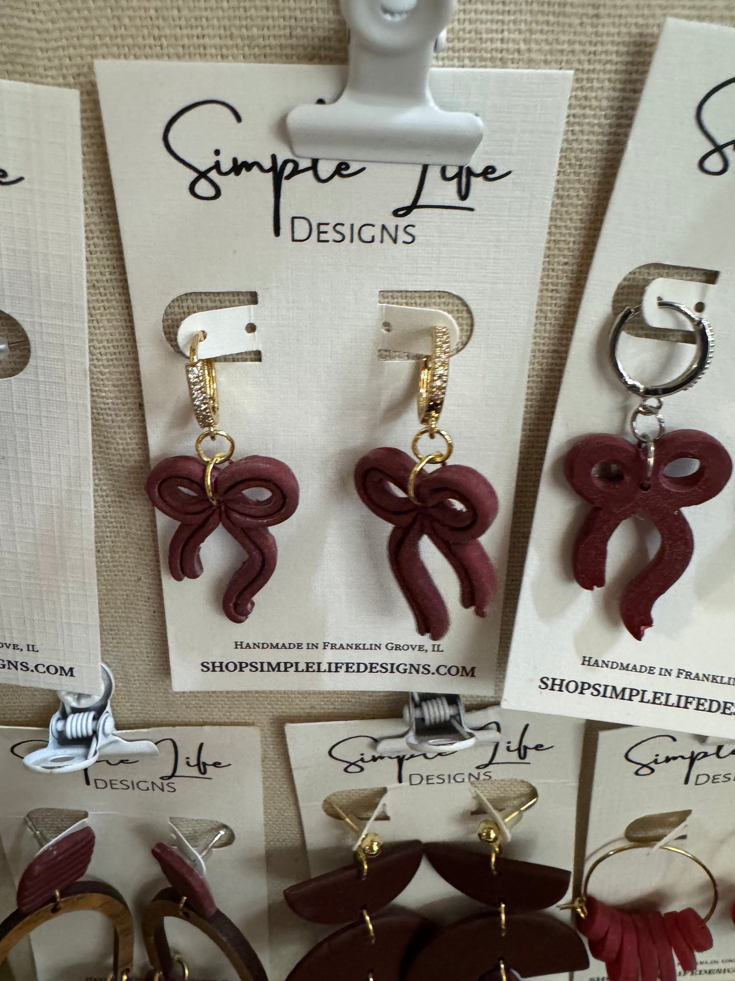 Bow Huggie Hoops- Maroon