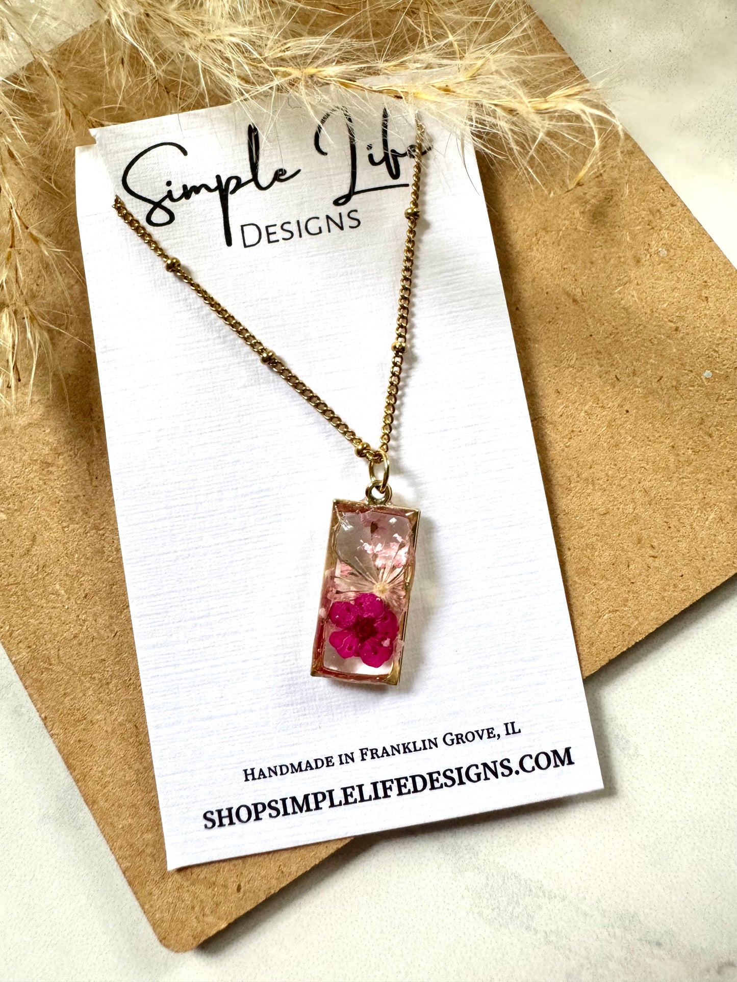 Pink Flower Rectangle Necklace