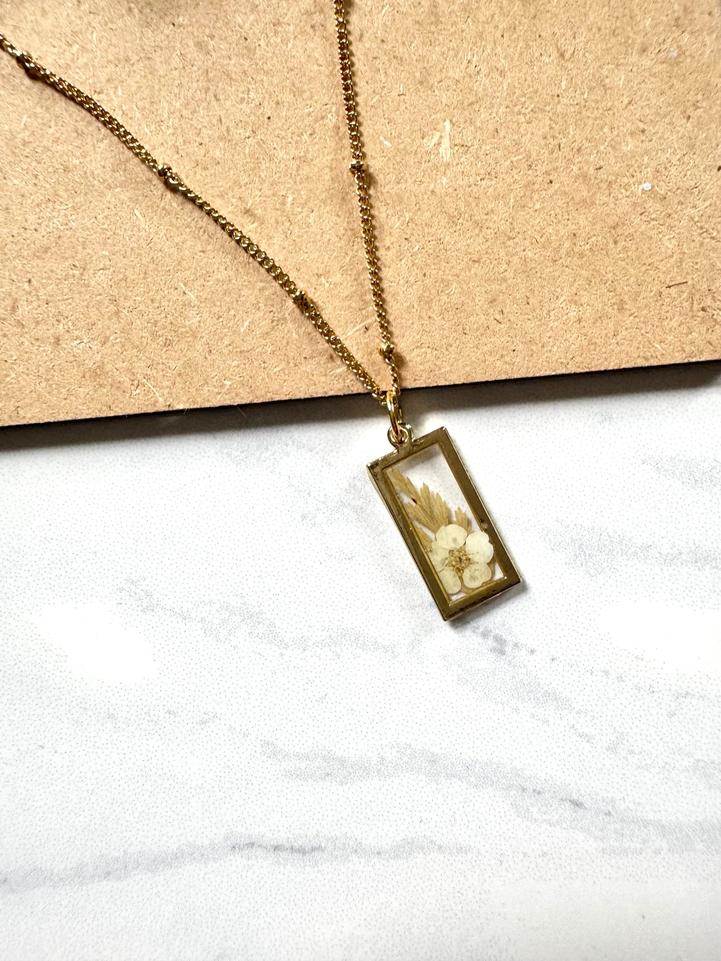 White Flower Rectangle Necklace