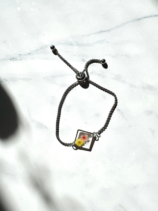 Orange and Yellow Flower Silver Square Bracelet