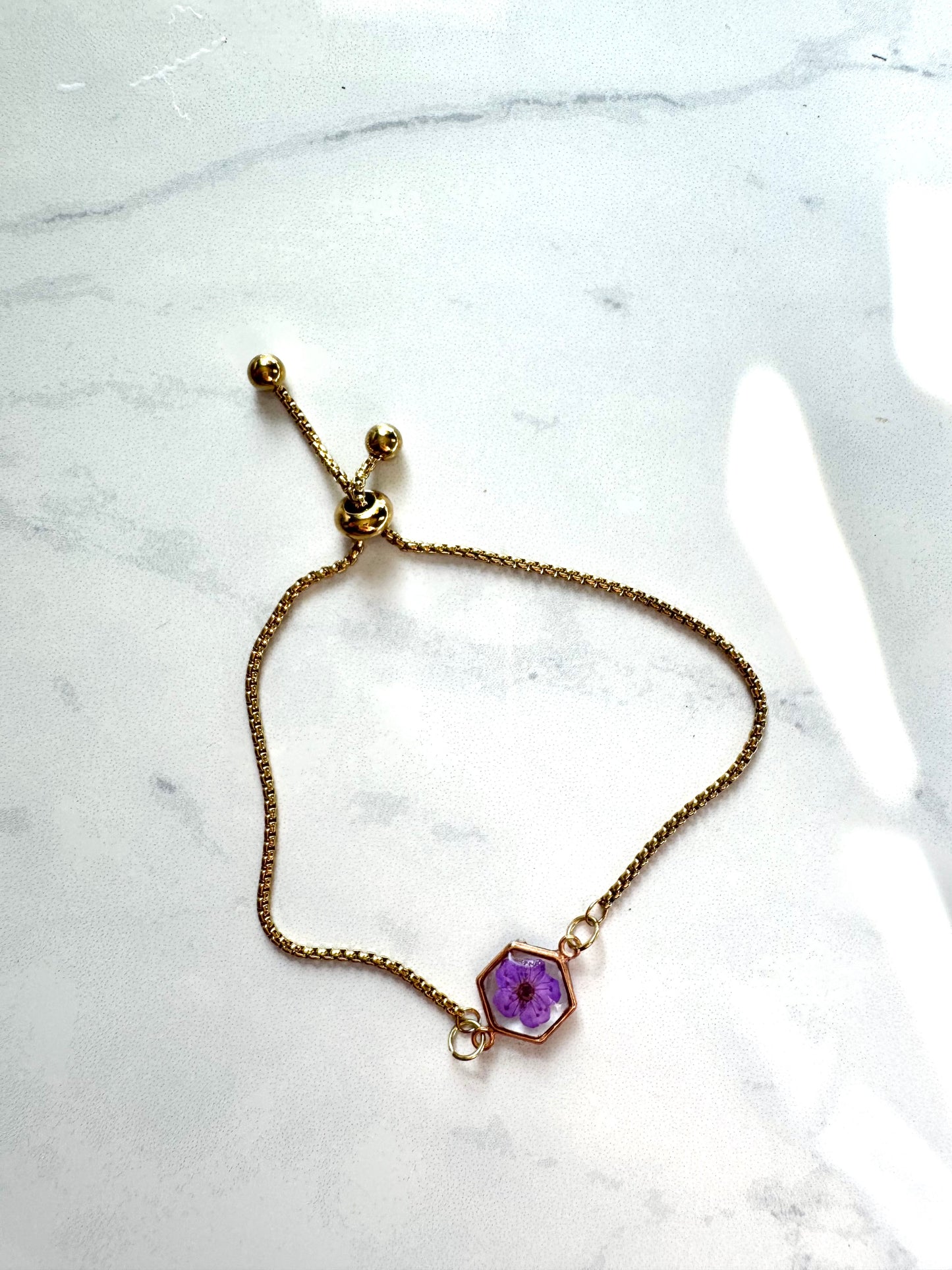 Purple Flower Hexagon Gold Bracelet