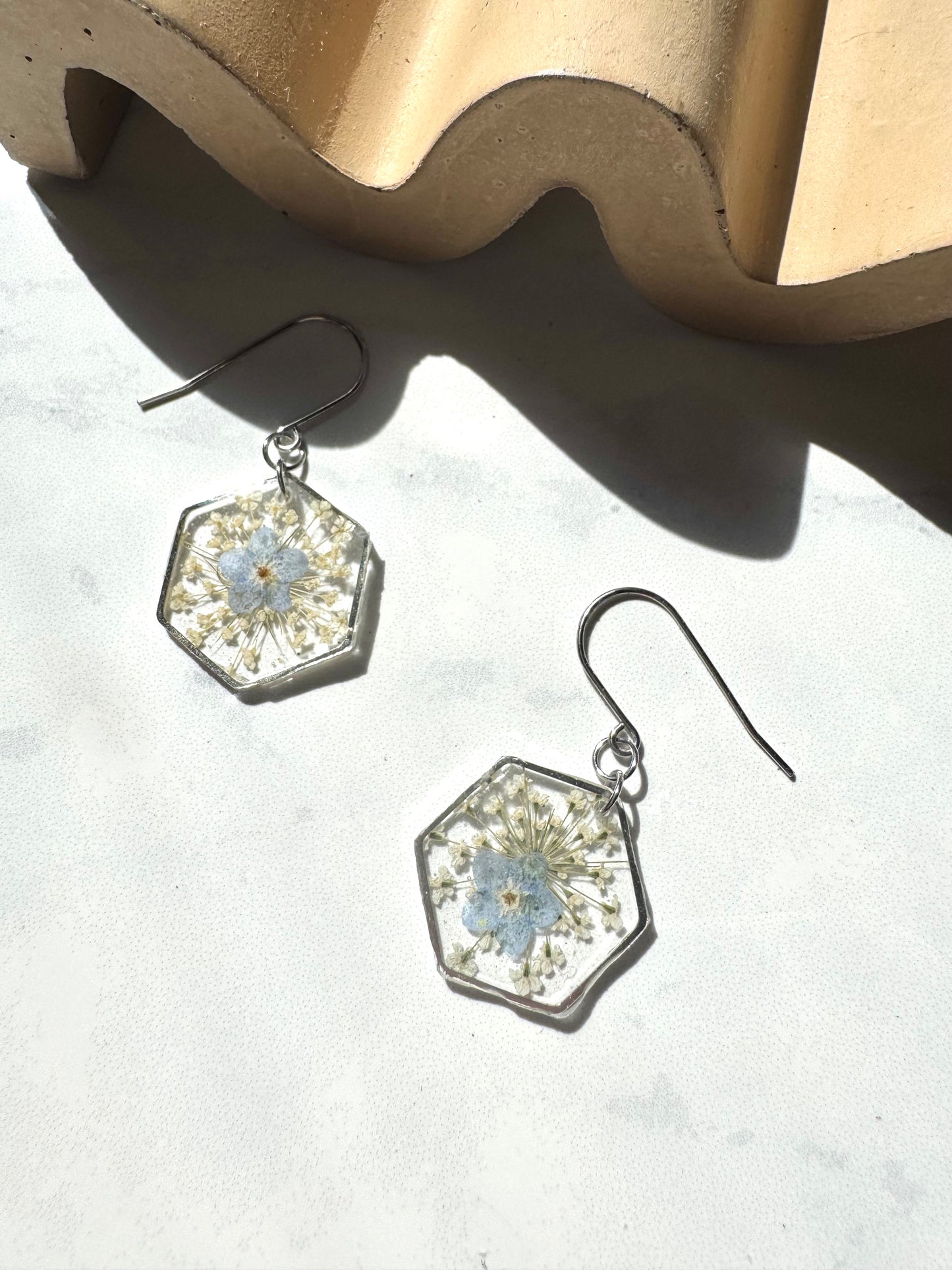 Forget Me Not Lace Flower Hexagon Dangles