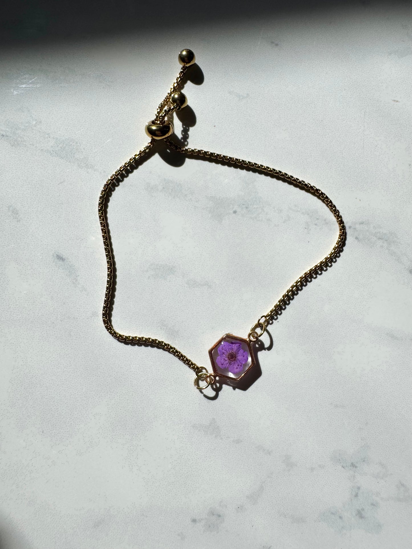 Purple Flower Hexagon Gold Bracelet