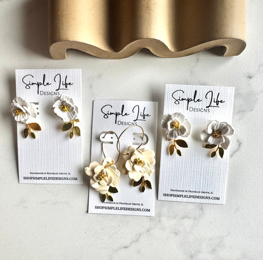 Handcrafted Flower Studs- White