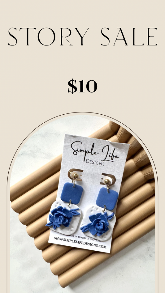 SALE - Blue and White Rose Earrings