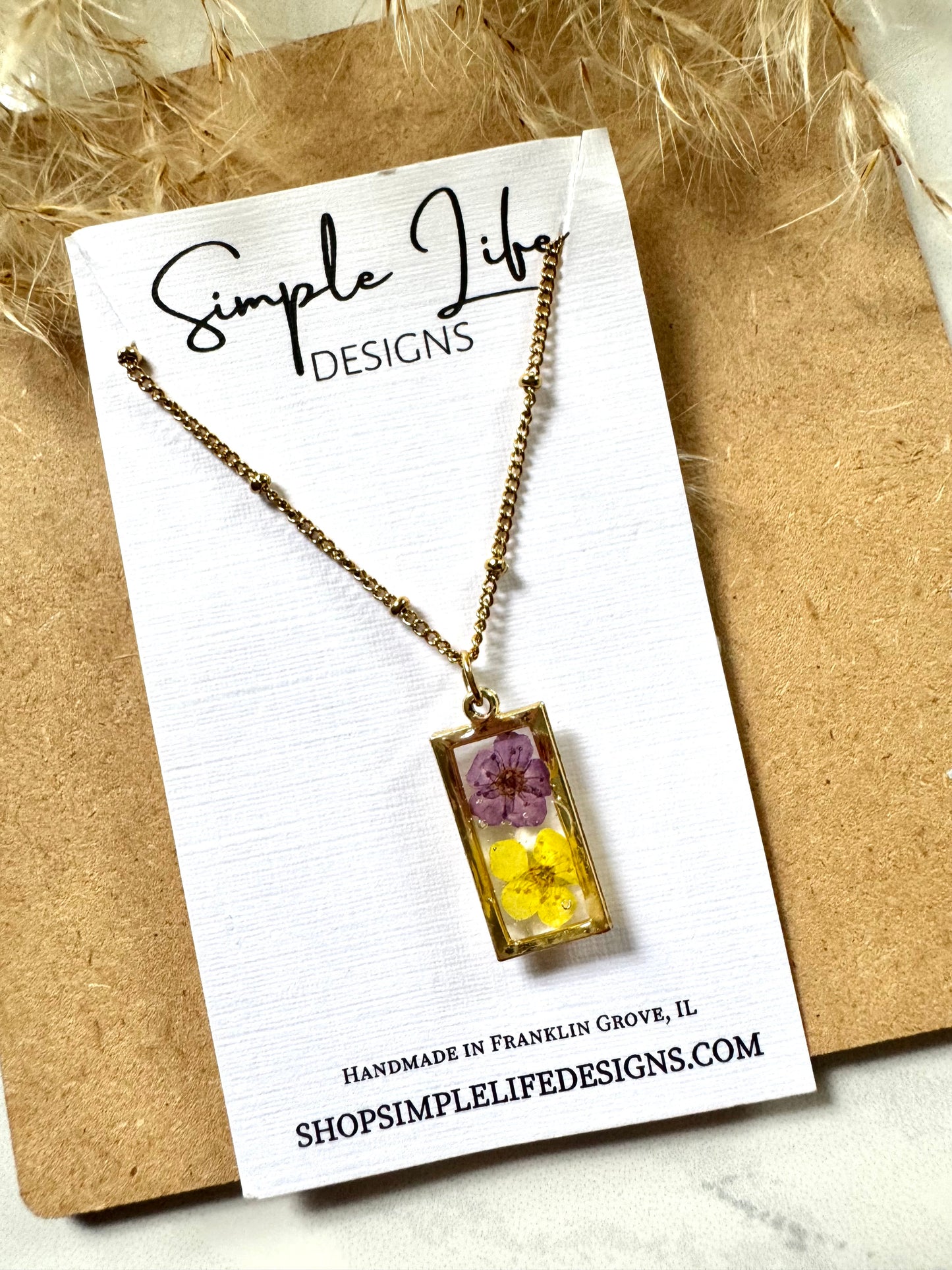 Purple and Yellow Flower Rectangle Necklace