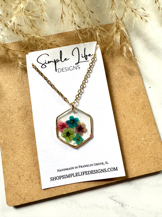 Multi Color Flower Hexagon Necklace