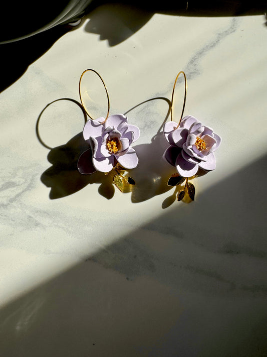 Lavender Flower and Gold Leaf Hoops