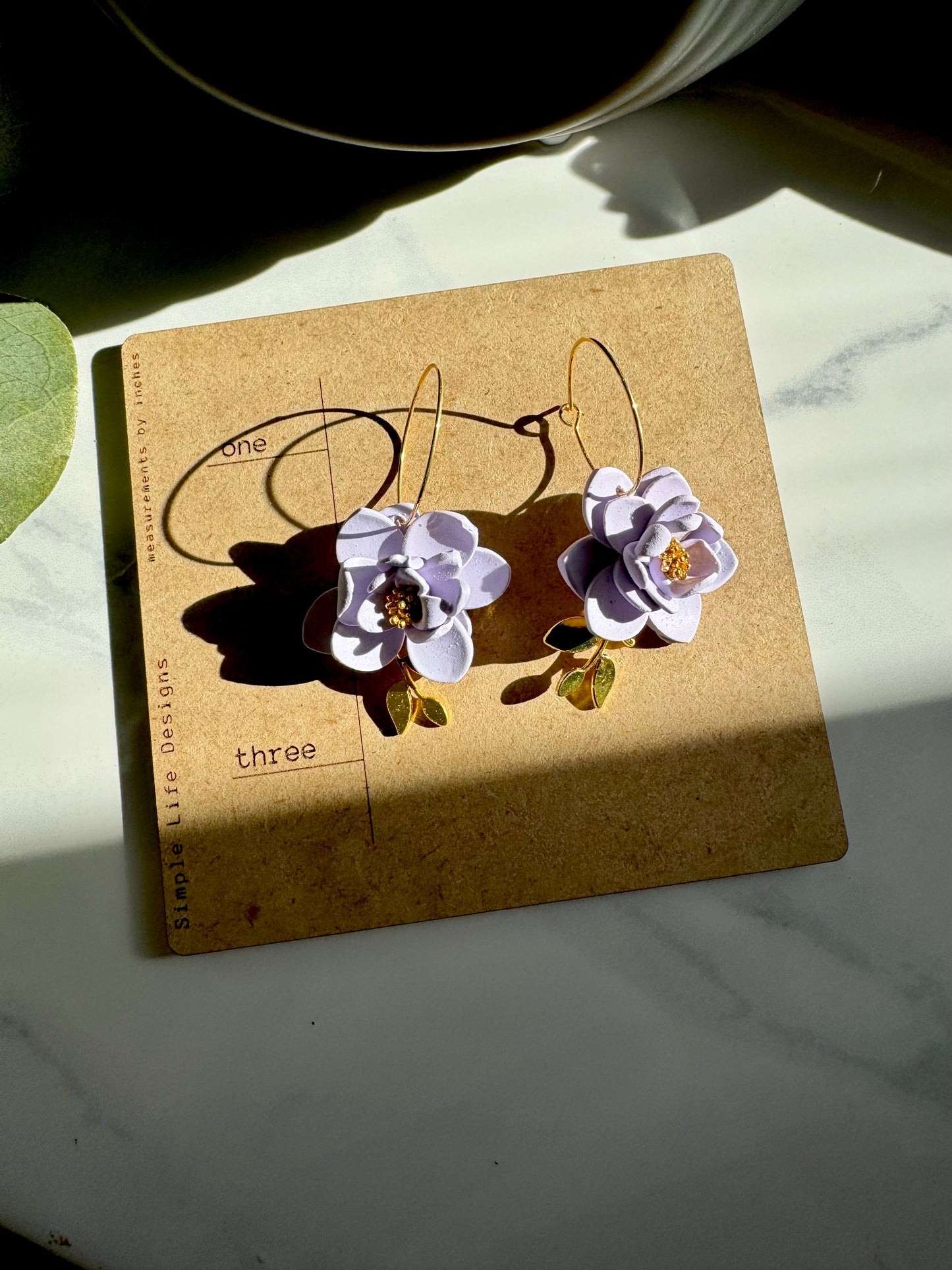 Lavender Flower and Gold Leaf Hoops