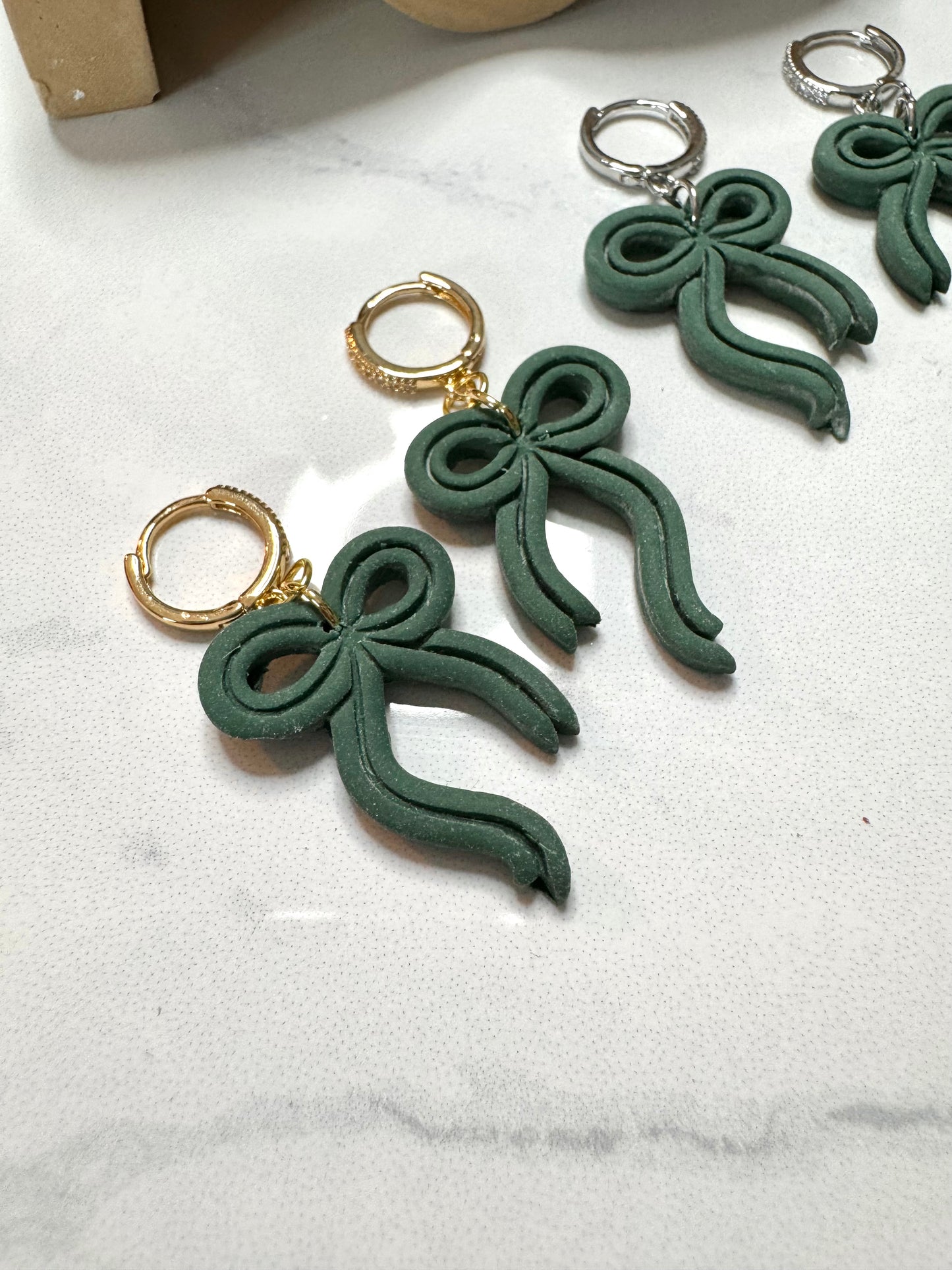 Bow Huggie Hoops- Forest Green