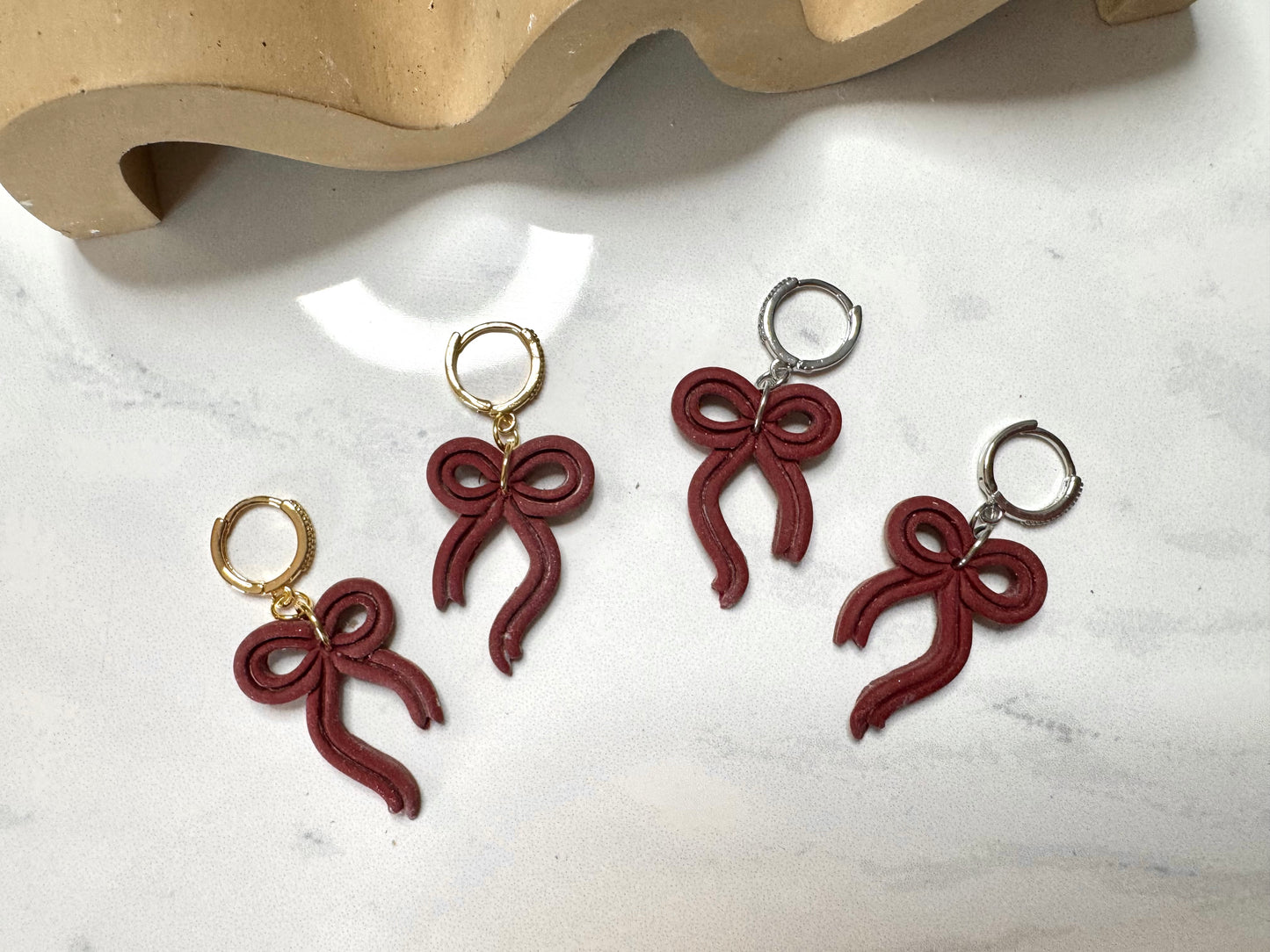 Bow Huggie Hoops- Maroon